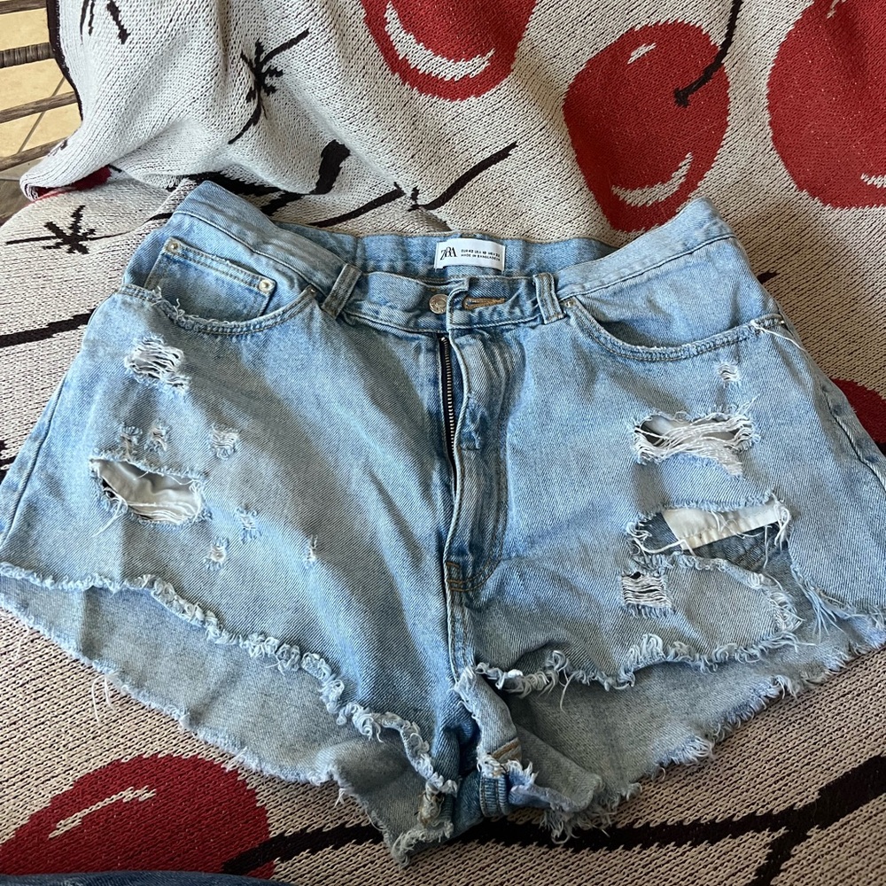 Zara Light Blue Distressed Jean Shorts